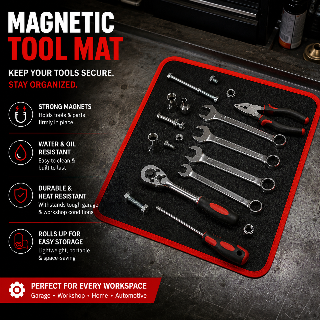 Magnetic Tool Organizer Mat | Heavy-Duty Flexible Magnetic Work Mat for Mechanics, Garage, Auto Repair & DIY