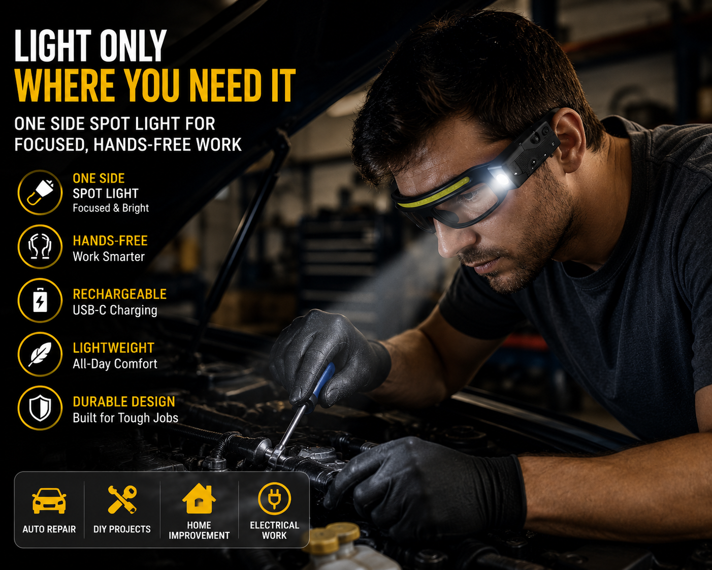 LED Work Light Safety Glasses | Rechargeable Hands-Free Task Light