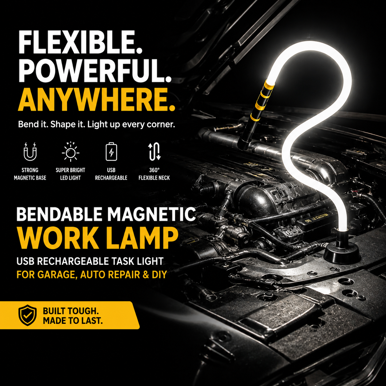 Bendable Magnetic Work Lamp | USB Rechargeable Task Light for Garage, Auto Repair & DIY
