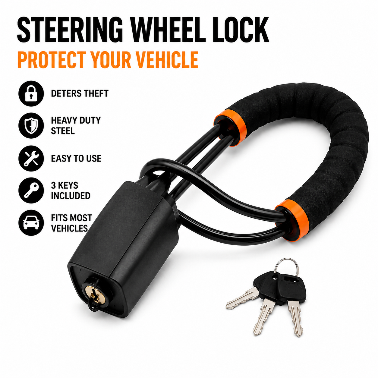 Universal Steering Wheel Lock Anti Theft Car Security Lock Heavy Duty for Cars SUVs & Trucks