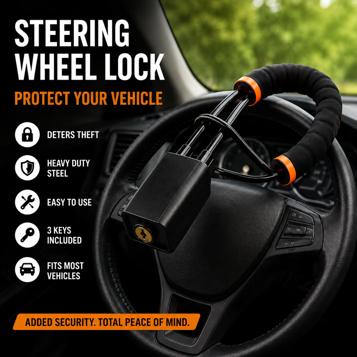 Universal Steering Wheel Lock Anti Theft Car Security Lock Heavy Duty for Cars SUVs & Trucks